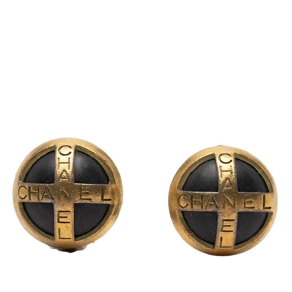 Chanel Gold Plated and Acrylic Logo Round Button Clip On Earrings Gold Metal Very good - Front View
