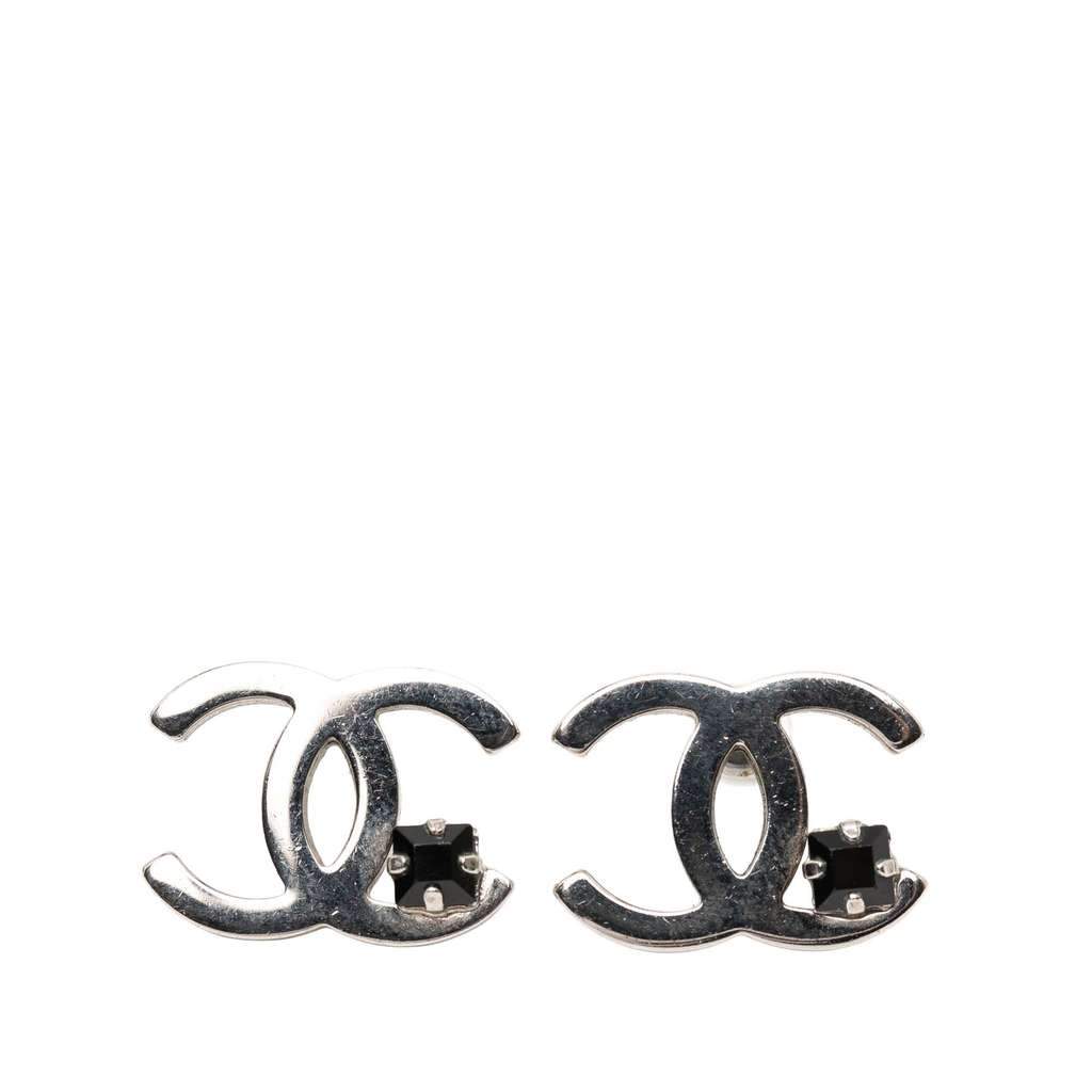 Chanel Silver Plated CC Rhinestone Push Back Earrings Silver Metal Very good - Front View