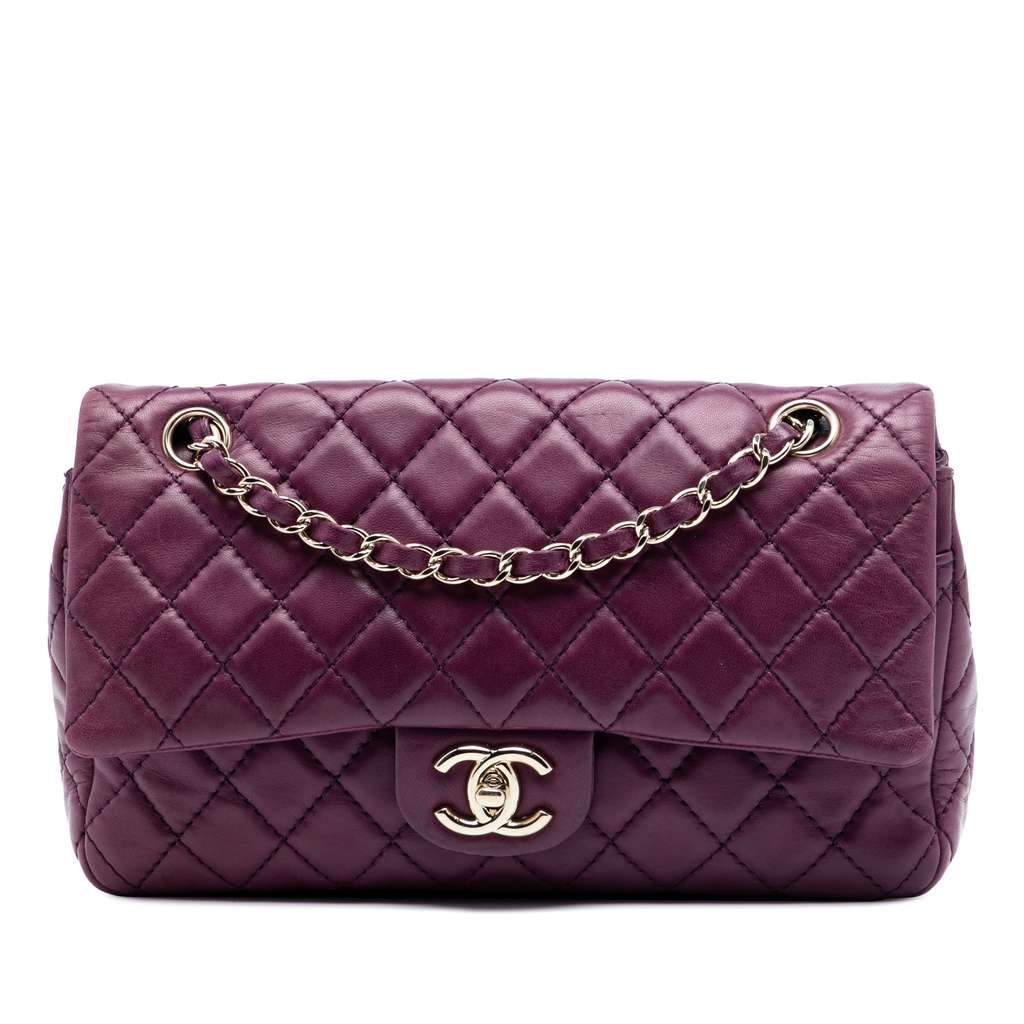 Chanel Medium Classic Lambskin Double Flap Purple Leather Very good condition - Front View