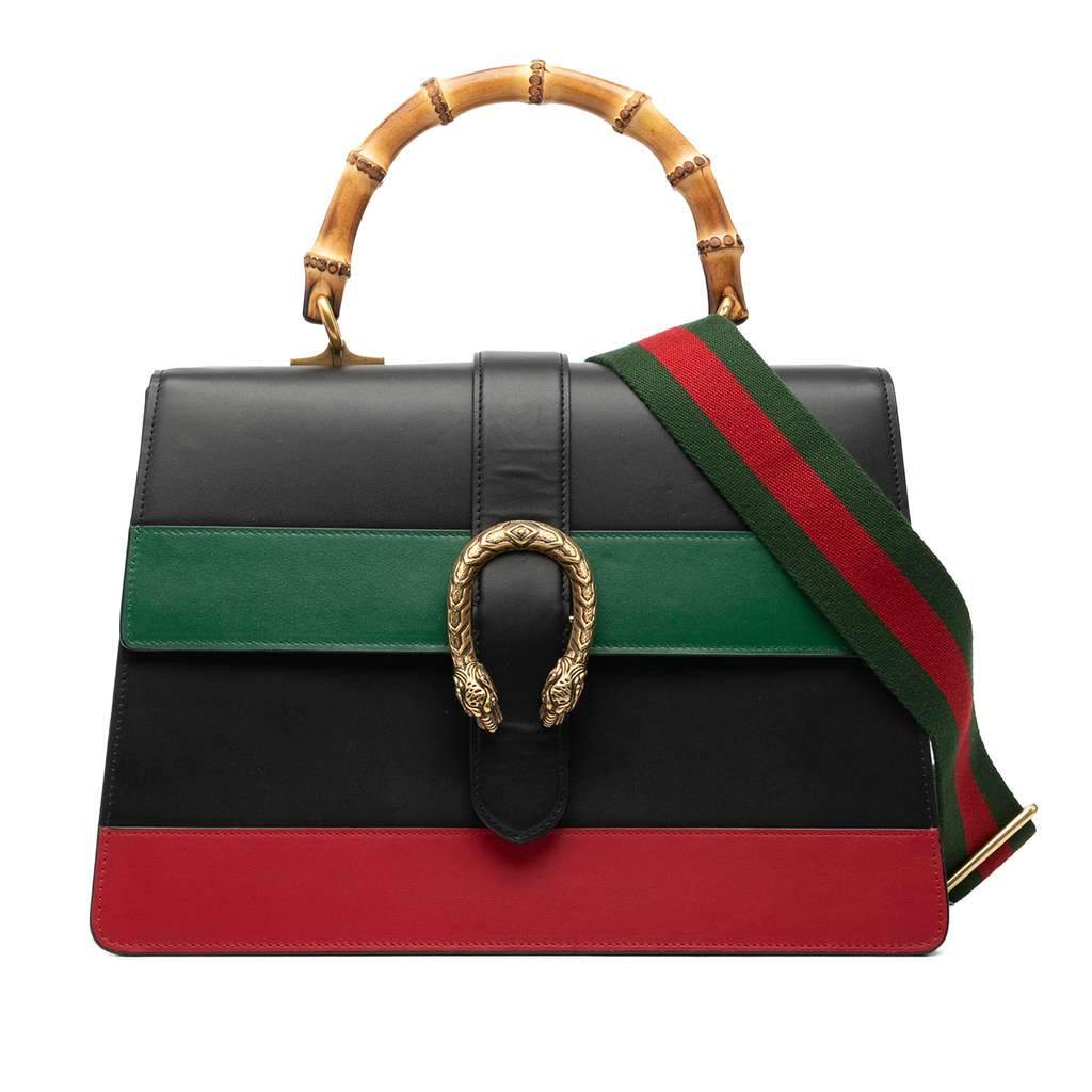 Gucci Large Leather Bamboo Dionysus Web Satchel Black Leather Good - Front View