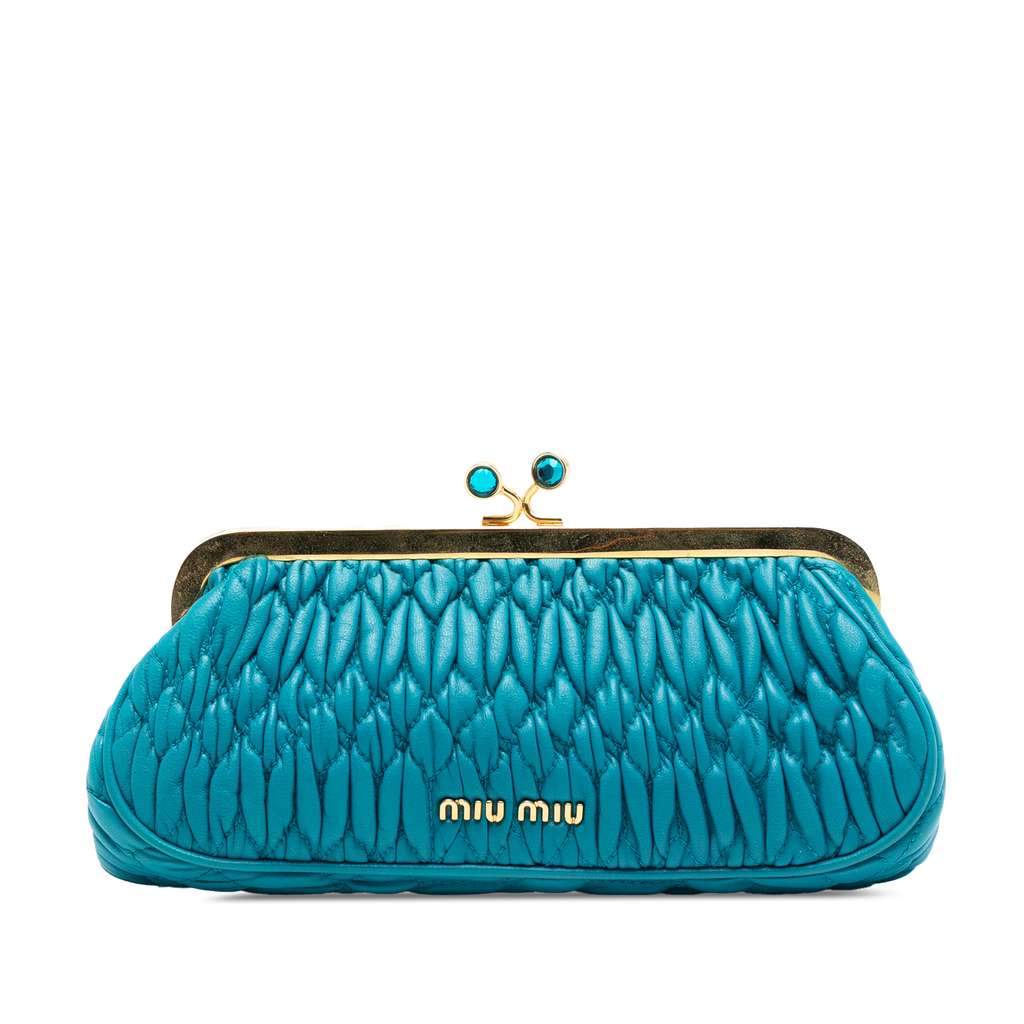 Miu Miu Matelasse Nappa Kiss Lock Frame Clutch Blue Leather Very good condition - Front View