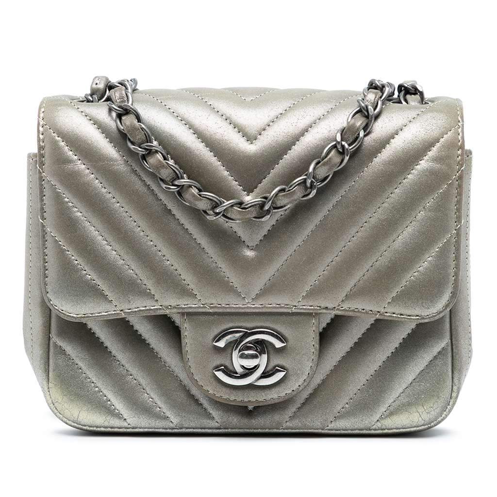 Chanel Mini Square Classic Chevron Iridescent Calfskin Single Flap Silver Leather Very good - Front View
