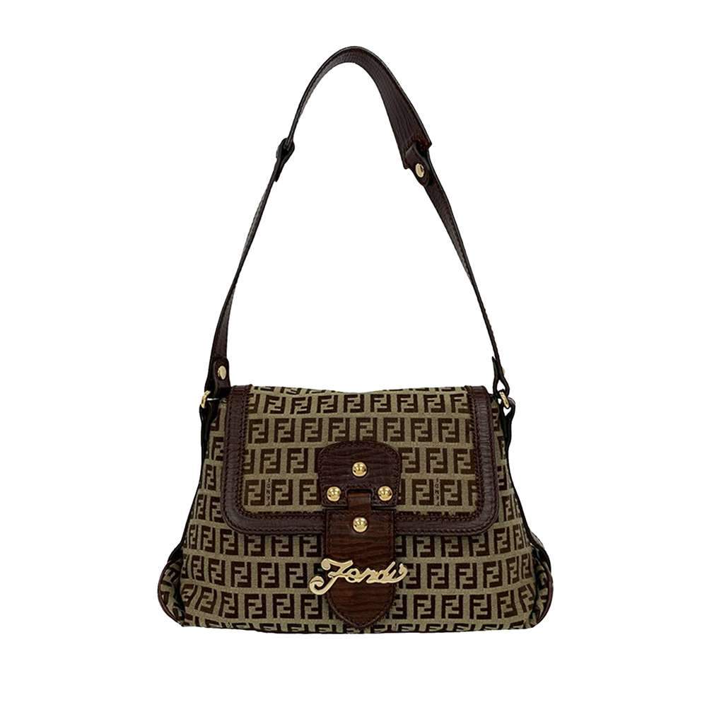 Fendi Zucchino Canvas Flap Shoulder Bag Brown Canvas Good - Front View