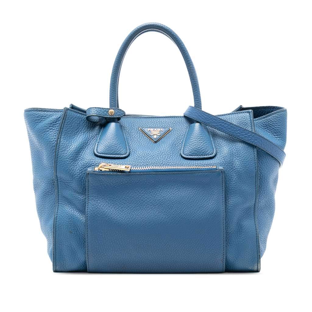 Prada Vitello Daino Front Pocket Open Convertible Tote Blue Leather Very good condition - Front View