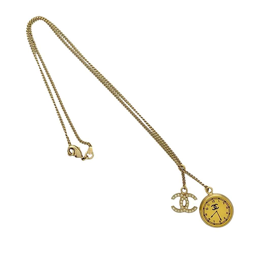 Chanel CC Gold Plated Faux Pearl Clock Pendant Necklace Gold Metal Good - Front View