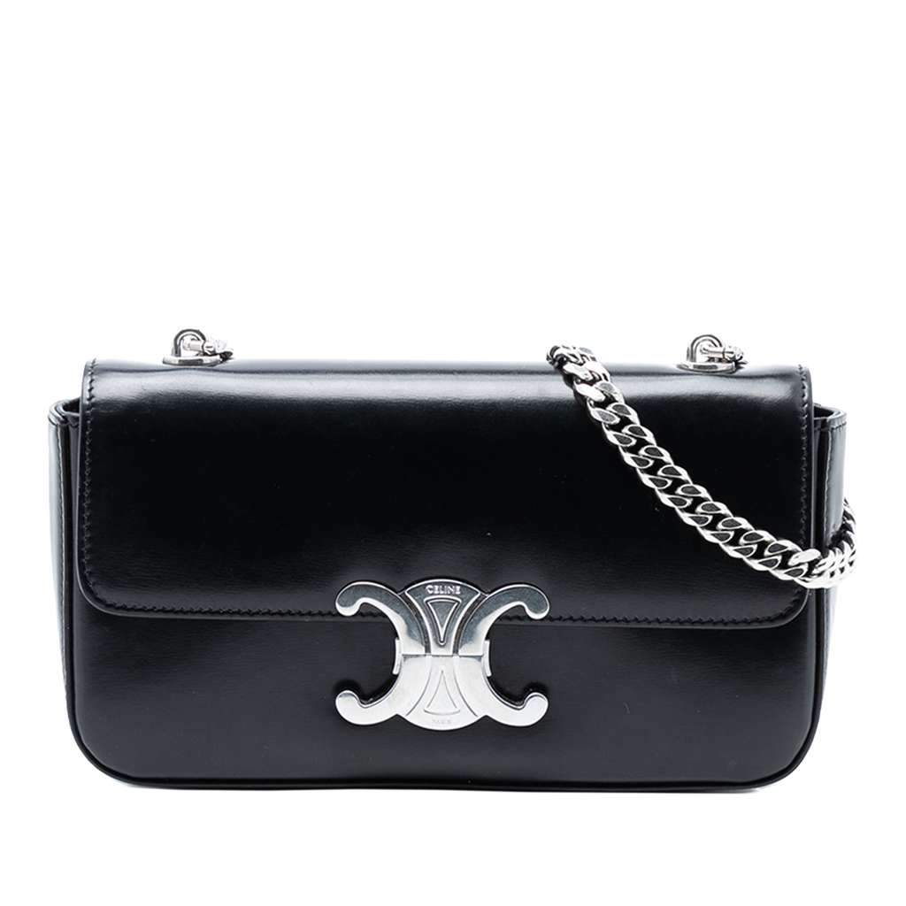 Celine Shiny Calfskin Triomphe Chain Box Shoulder Bag Black Leather Very good condition - Front View