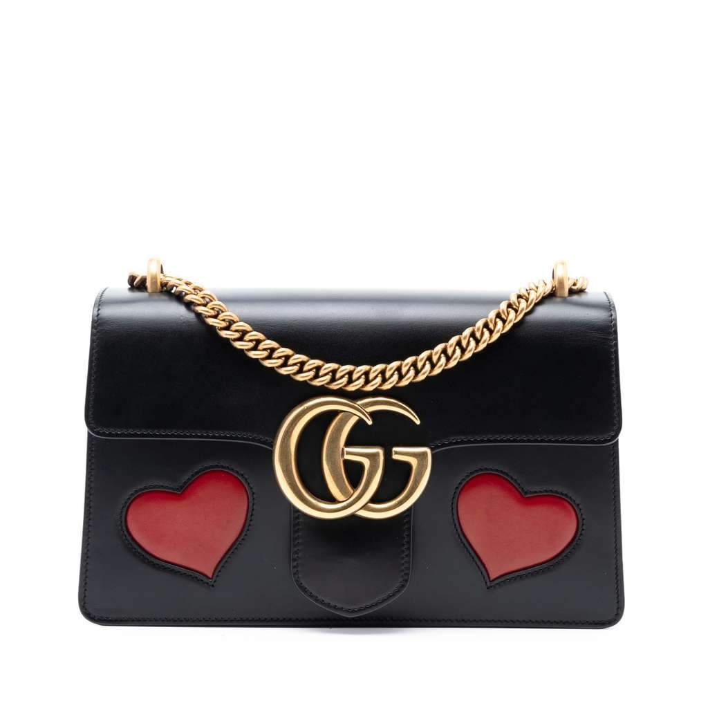 Gucci Medium GG Marmont Leather Malaga Kid Heart Patch Chain Flap Black Leather Very good condition - Front View
