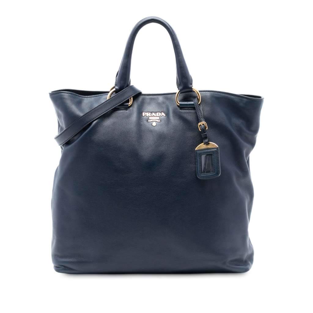 Prada Soft Calf Open Convertible Tote Blue Leather Very good - Front View