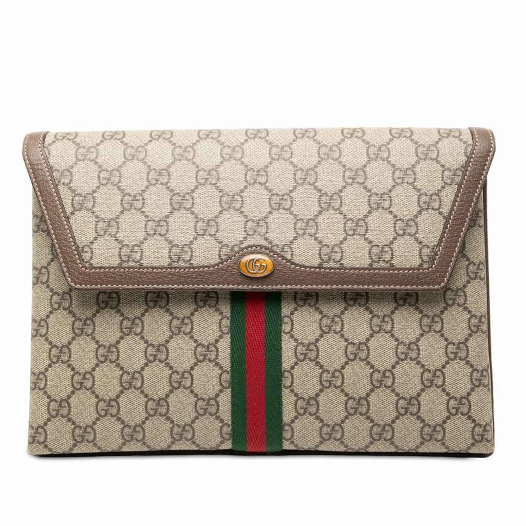 Gucci GG Supreme Web Ophidia Flap Clutch Brown Canvas Good - Front View