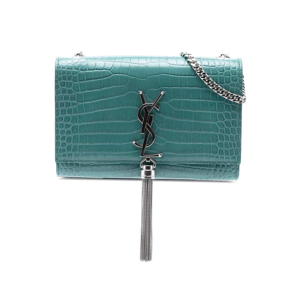 Saint Laurent Small Croc Embossed Leather Monogram Kate Tassel Crossbody Blue Leather Good - Front View