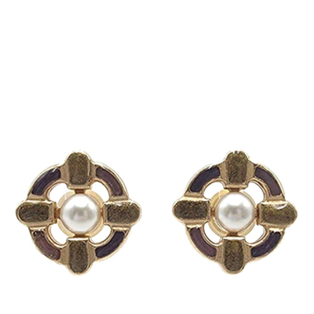 Chanel Gold Plated Enamel Maltese Cross and Faux Pearl Push Back Earrings Gold Metal Very good - Front View