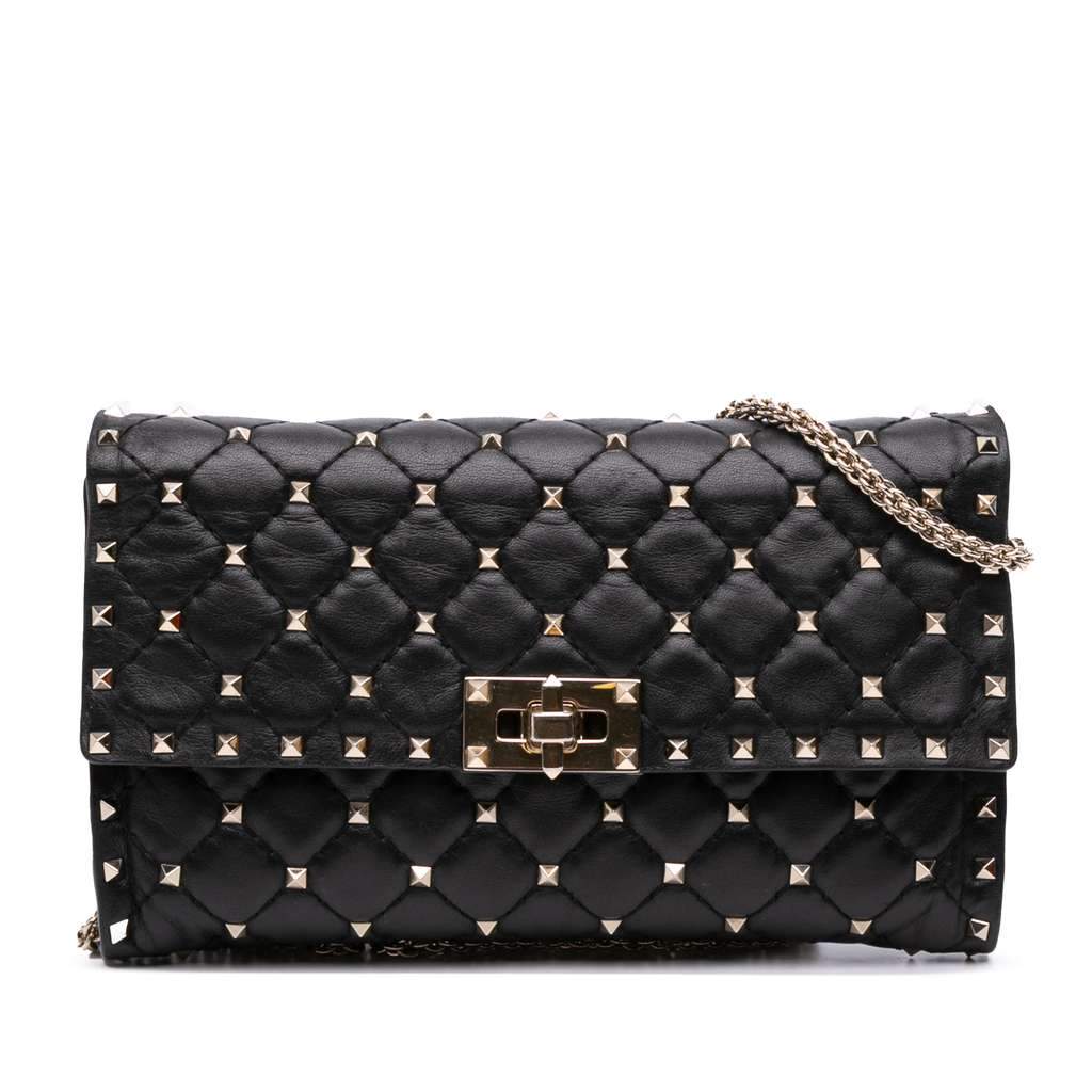 Valentino Nappa Rockstud Spike Wallet On Chain Black Leather Good - Front View