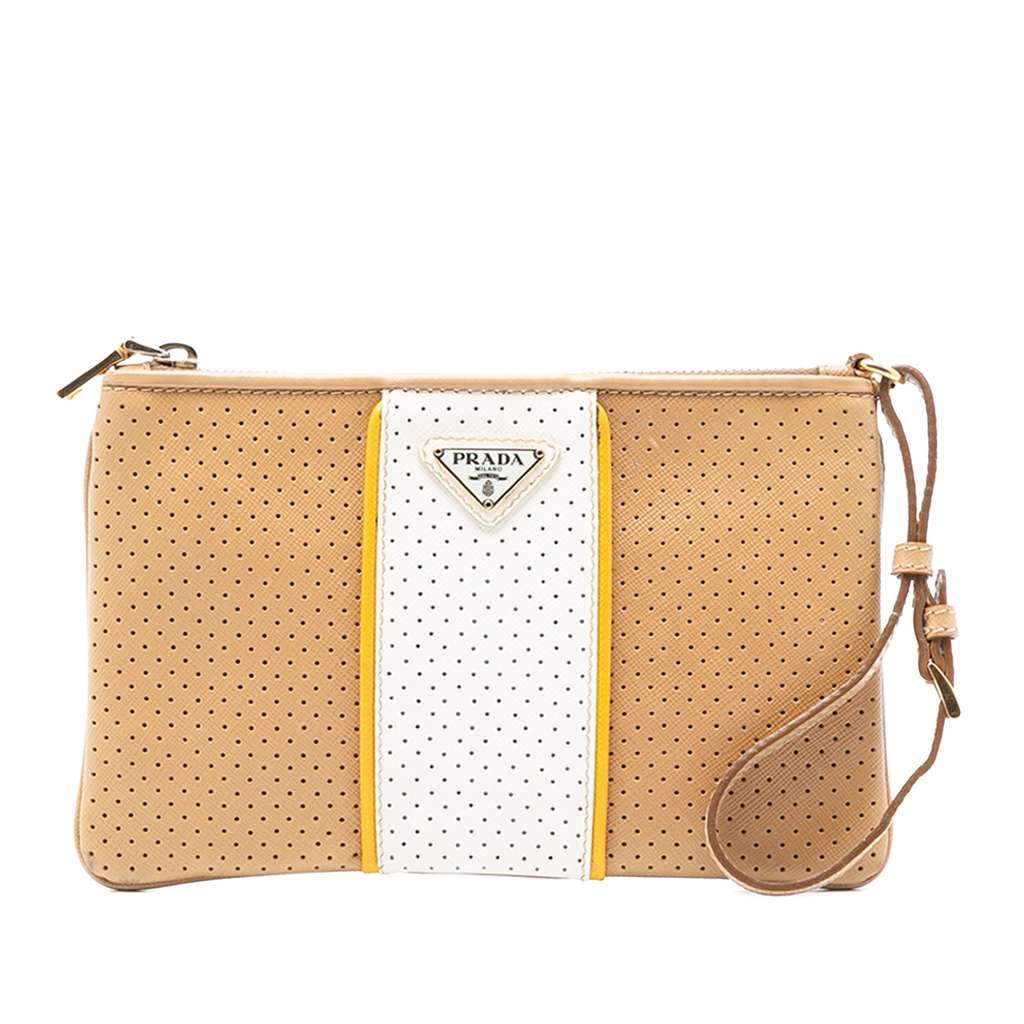 Prada Perforated Saffiano Wristlet Clutch Brown Leather Very good condition - Front View