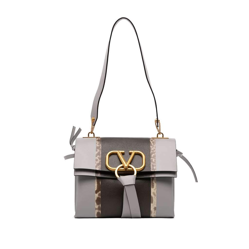 Valentino Small Watersnake Trimmed Colorblock Calfskin Vring Shoulder Bag Grey Leather Good - Front View