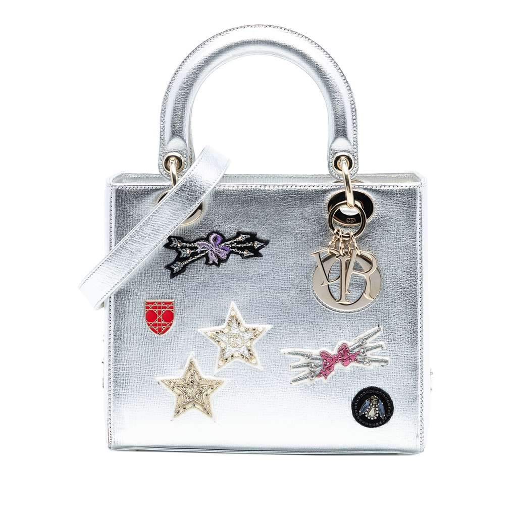 Dior Medium Calfskin Patch Embellished Lady Dior Silver Leather Very good - Front View