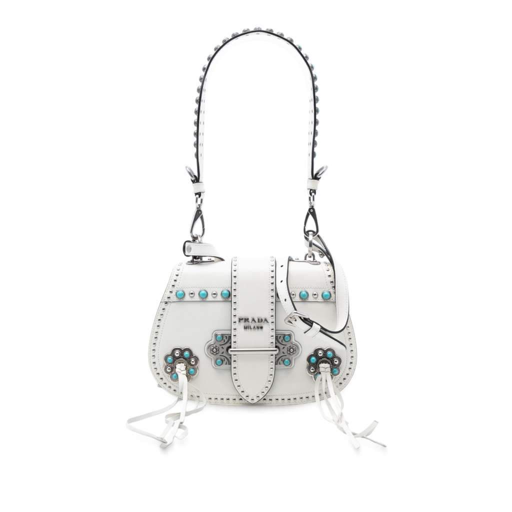 Prada City Calf Studded Folk Corsiere Satchel White Leather Very good condition - Front View