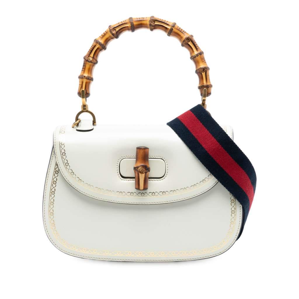 Gucci Calfskin Frame Print Bamboo Top Handle Bag White Leather Very good - Front View