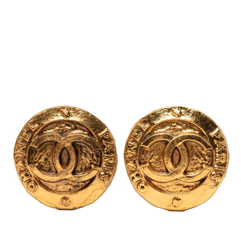 Chanel Gold Plated CC Round Clip On Earrings Gold Metal Very good - Front View