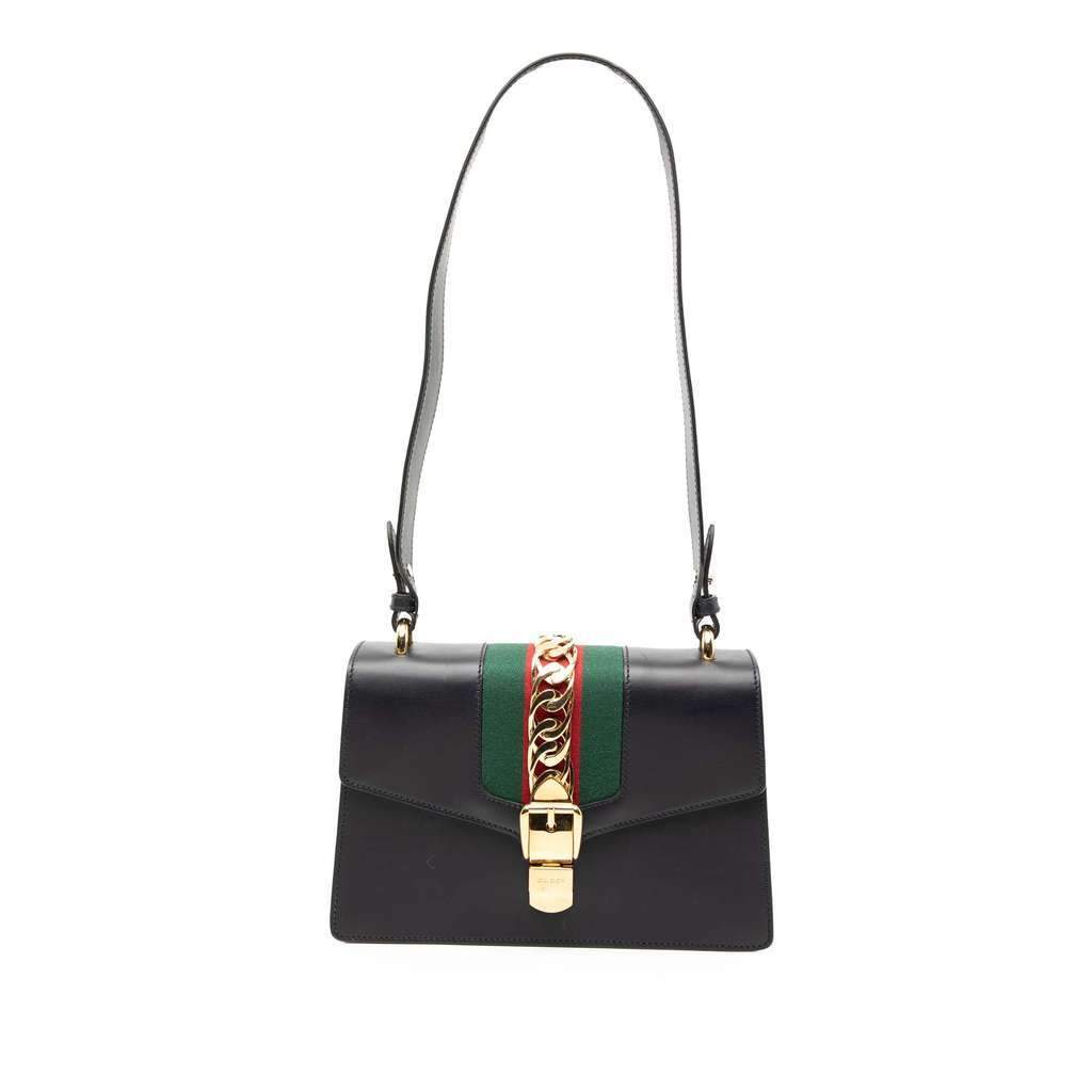 Gucci Small Leather Web Sylvie Satchel Black Leather Good - Front View