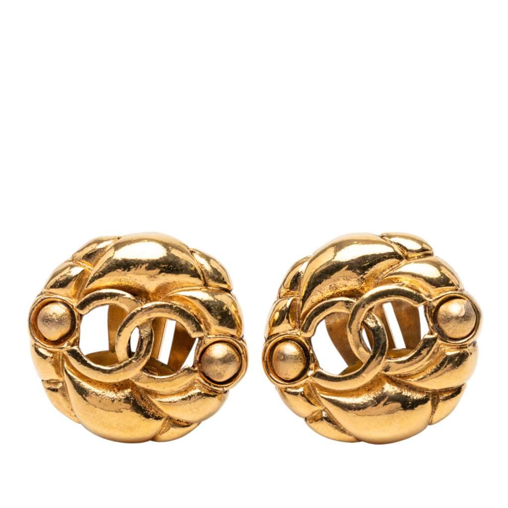 Chanel Gold Plated CC Round Clip On Earrings Gold Metal Very good - Front View