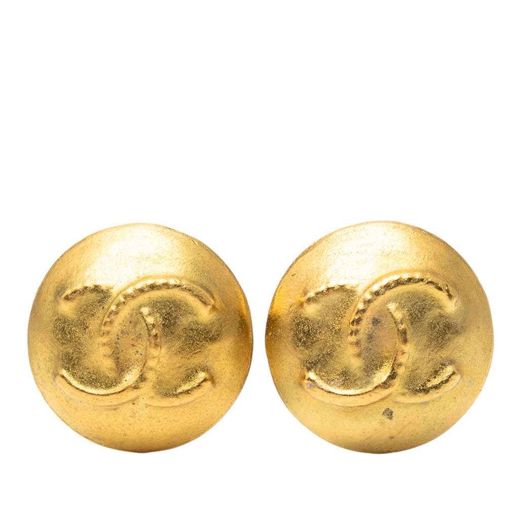 Chanel CC Gold Plated Button Clip On Earrings Gold Metal Very good - Front View