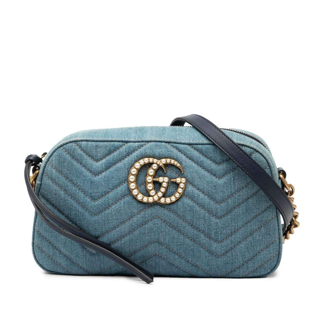 Gucci Small GG Marmont Matelasse Denim Pearly Crossbody Blue Denim Very good - Front View