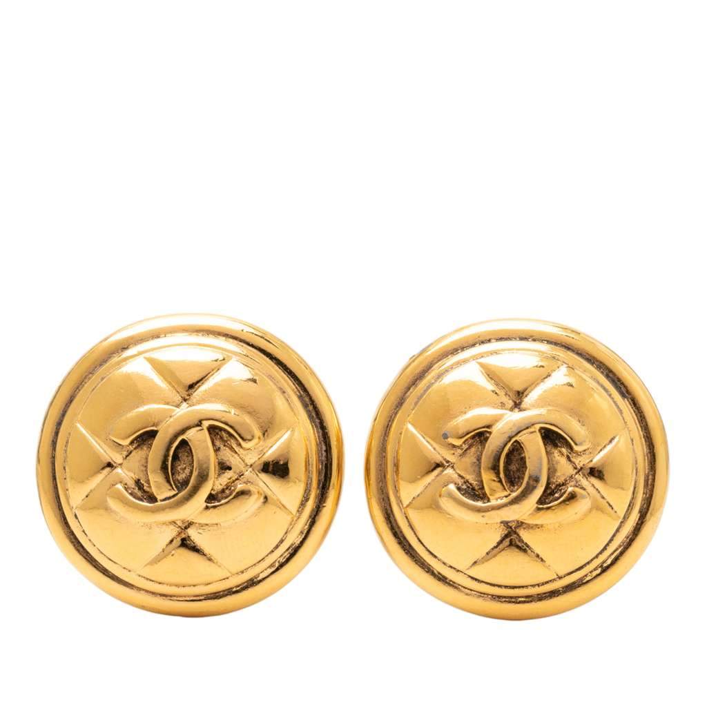 Chanel Gold Plated CC Quilted Round Clip On Earrings Gold Metal Very good - Front View