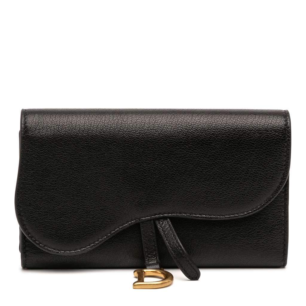Dior Goatskin Saddle Long Wallet Black Leather Very good - Front View