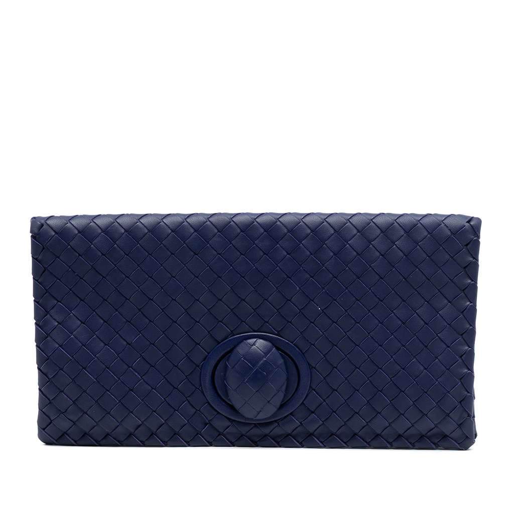 Bottega Veneta Nappa Intrecciato Turn Lock Clutch Blue Leather Very good condition - Front View