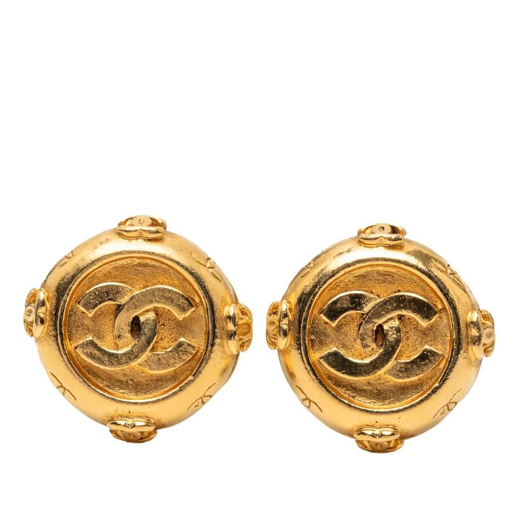 Chanel Gold Plated CC Round Clip On Earrings Gold Metal Very good - Front View