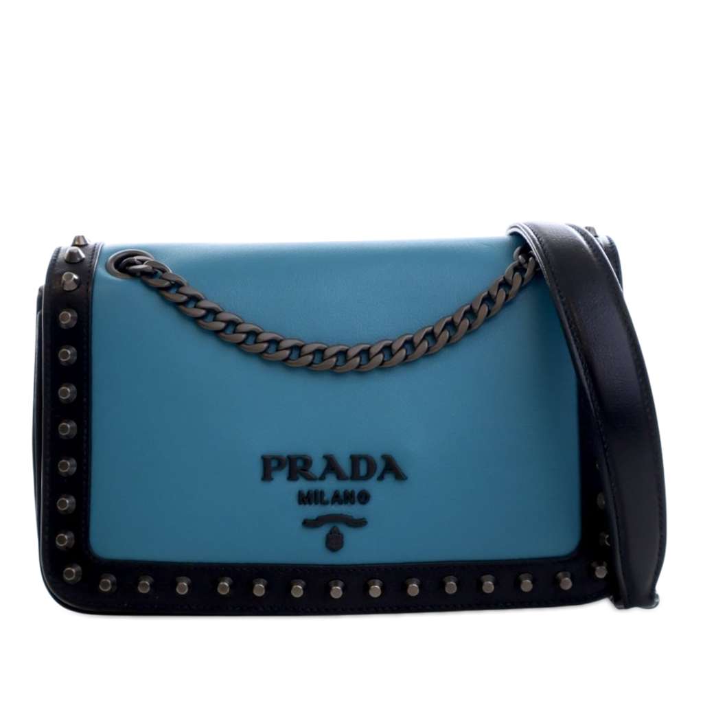 Prada Bicolor Glace Calfskin Studded Crossbody Blue Leather Very good - Front View