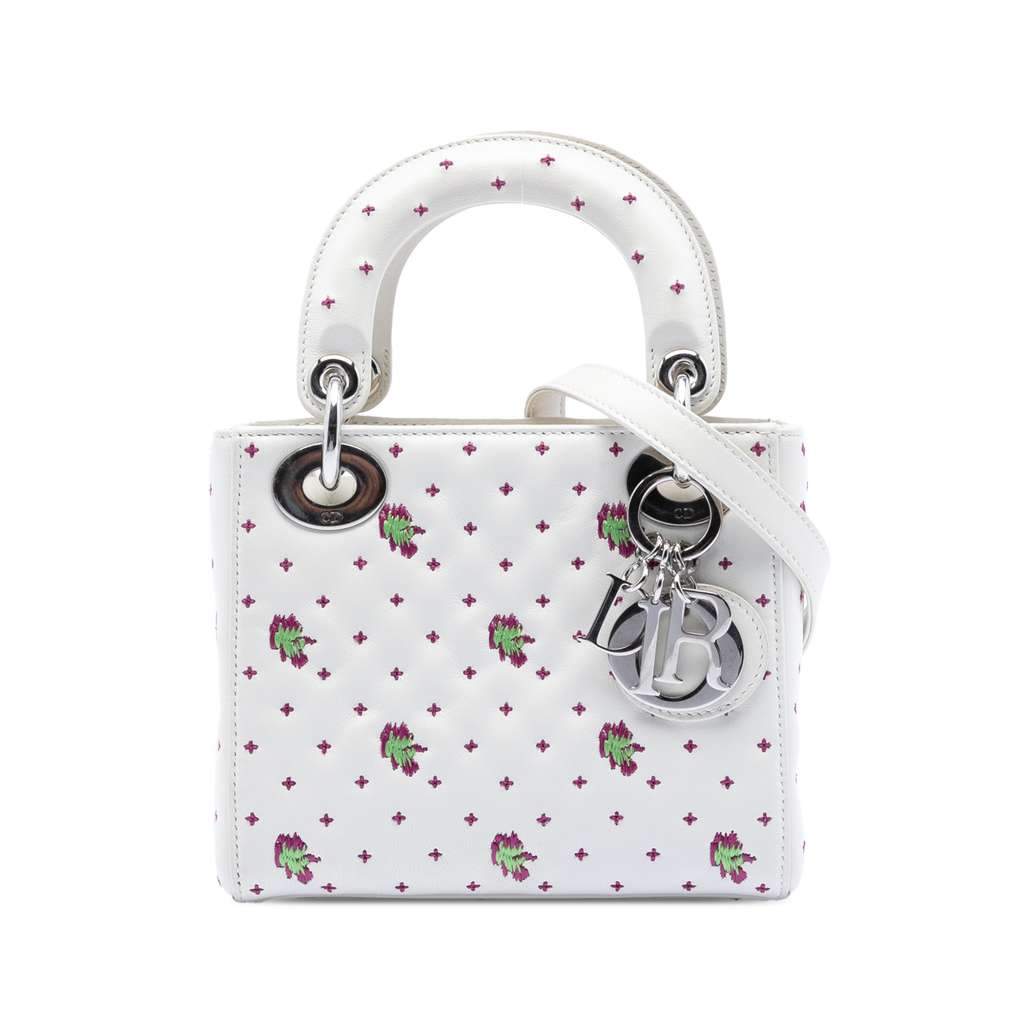 Dior Mini Embroidered Calfskin Lady Dior White Leather Very good condition - Front View