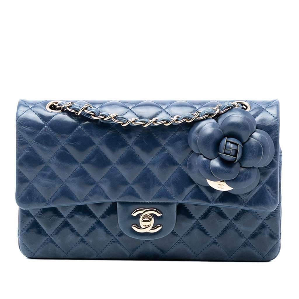 Chanel Medium Classic Glazed Calfskin Camellia Double Flap Blue Leather Very good - Front View