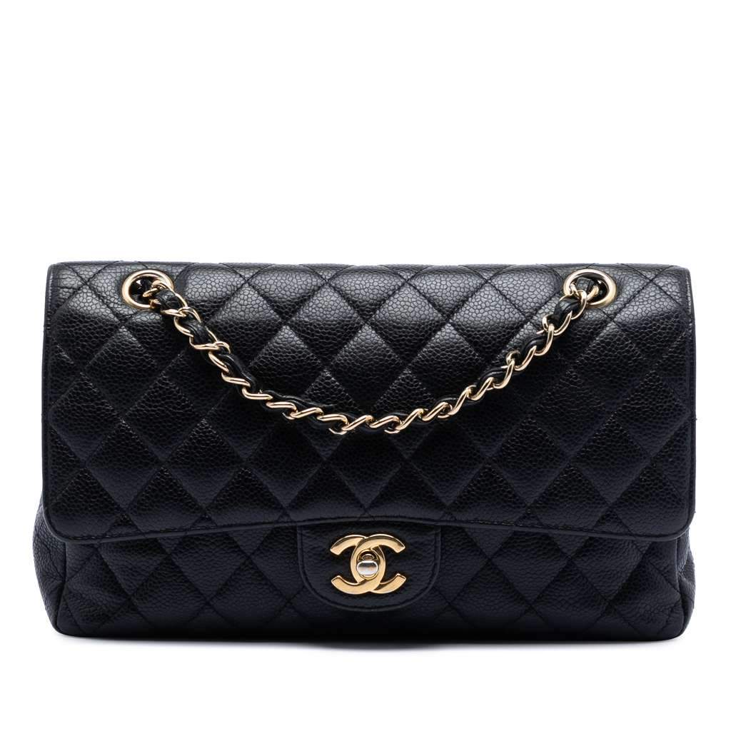 Chanel Medium Classic Caviar Double Flap Black Leather Good - Front View