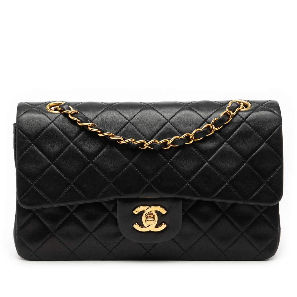 Chanel Small Classic Lambskin Double Flap Black Leather Good - Front View