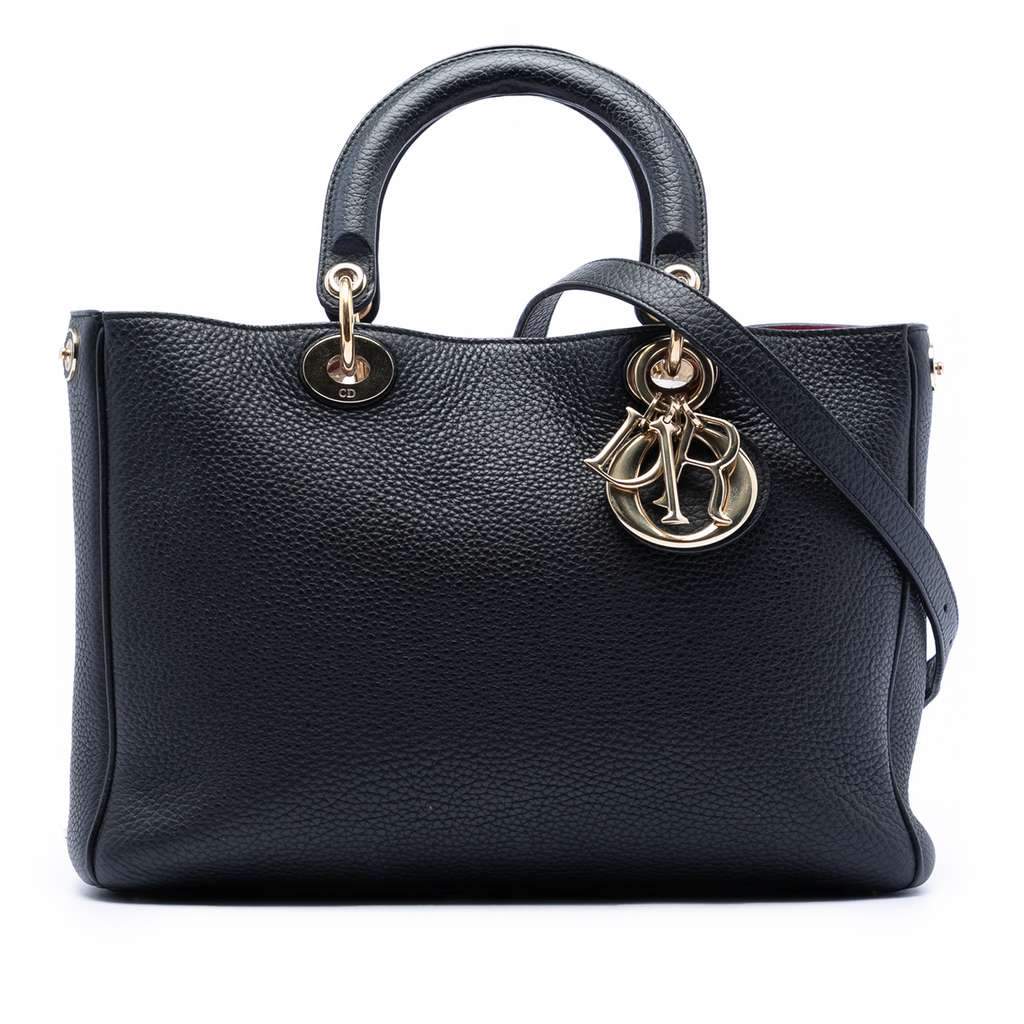 Dior Medium Pebbled Calfskin Diorissimo Satchel Black Leather Good - Front View