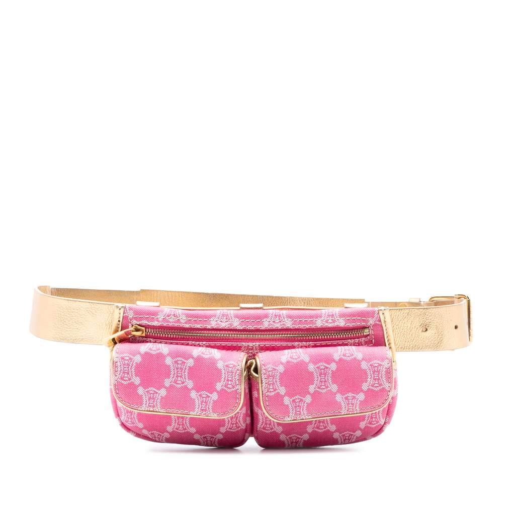 Celine Macadam Denim Double Pocket Belt Bag Pink Denim Very good - Front View