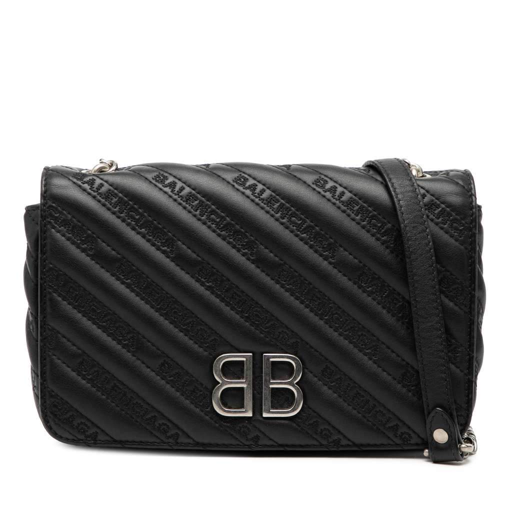 Balenciaga Embossed Leather Allover Logo BB Wallet on Chain Black Leather Very good - Front View