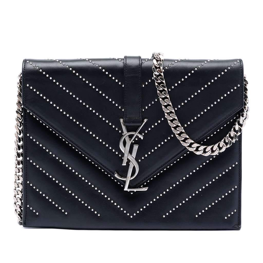 Saint Laurent Studded Chevron Calfskin Monogram Envelope Chain Flap Black Leather Very good - Front View