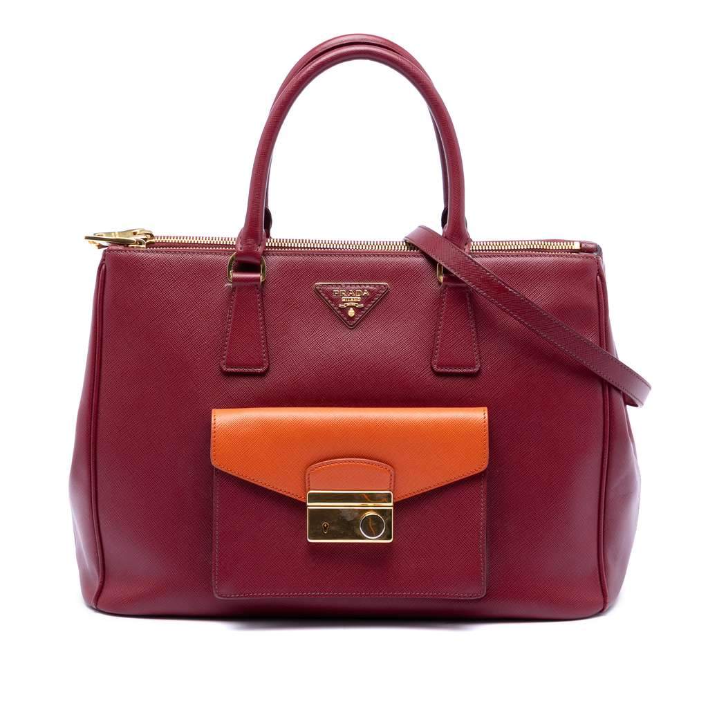 Prada Saffiano Lux Galleria Double Zip Front Pocket Satchel Red Leather Very good - Front View