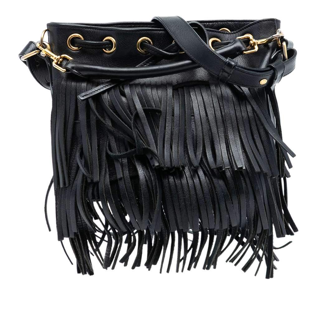 Saint Laurent Small Calfskin Emmanuelle Fringe Bucket Bag Black Leather Very good - Front View