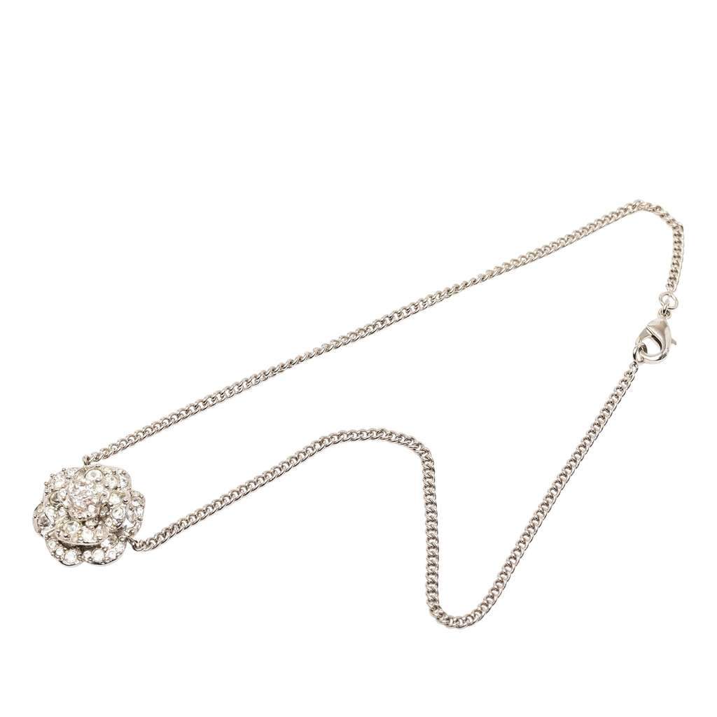 Chanel CC Silver Plated Rhinestones Camellia Pendant Necklace Silver Metal Good - Front View