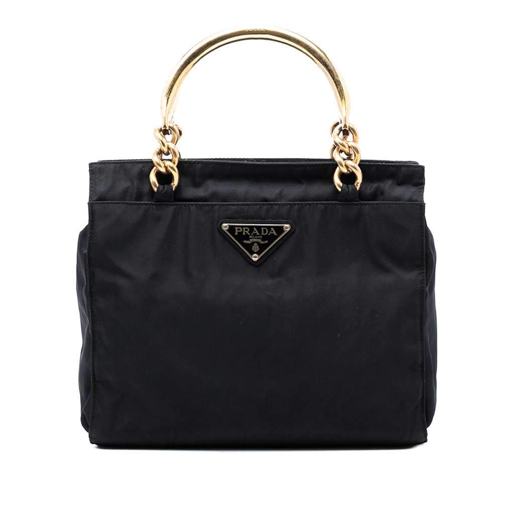 Prada Tessuto Metal Handle Bag Black Good - Front View