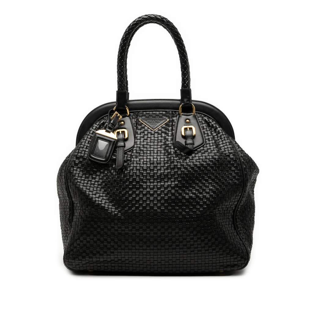 Prada Goatskin Woven Madras Frame Tote Black Leather Very good condition - Front View