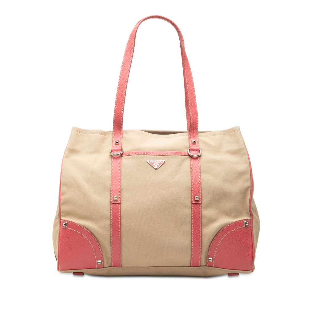 Prada Studded Leather Trimmed Canvas Front Pocket Tote Brown Canvas Very good - Front View