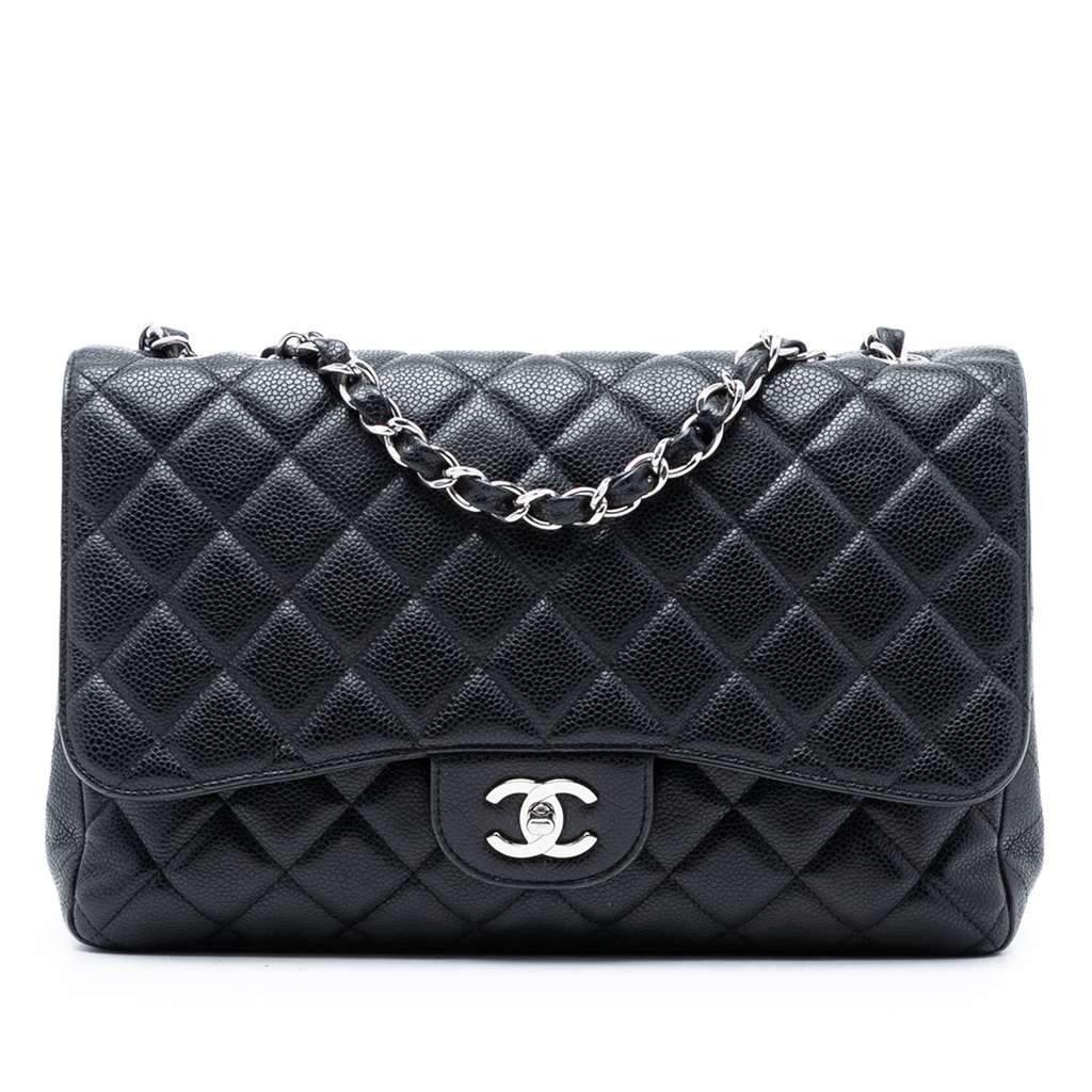 Chanel Jumbo Classic Caviar Single Flap Black Leather Very good condition - Front View