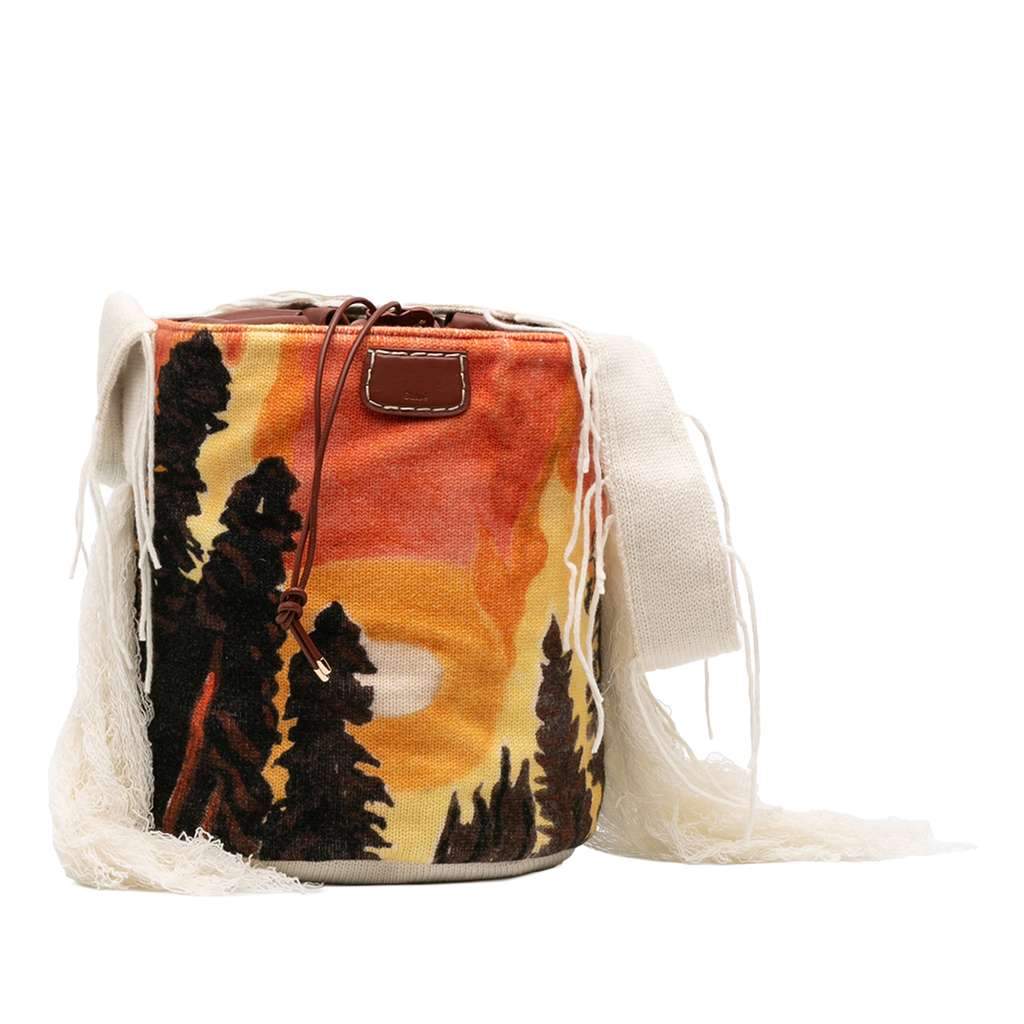 Chloé Printed Knit Jorge Bucket Bag Brown Wool Never worn - Front View