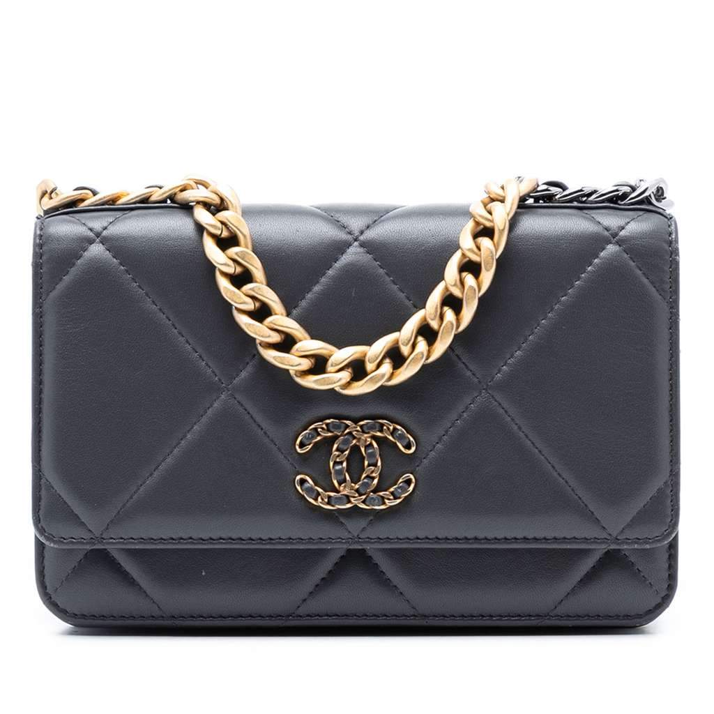 Chanel Quilted Lambskin 19 Wallet on Chain Grey Leather Good - Front View