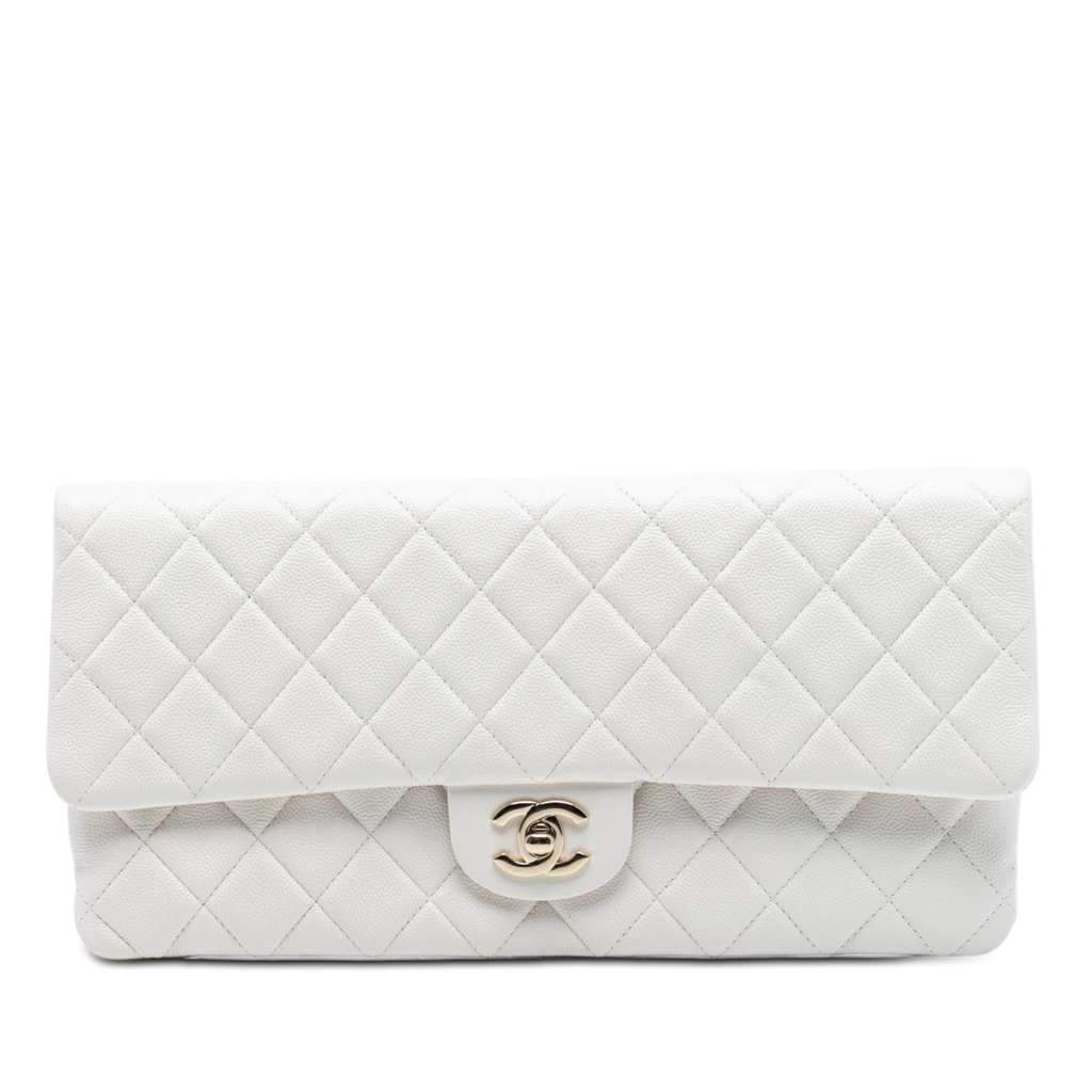 Chanel Quilted Caviar East West Flap Clutch White Leather Good condition - Front View