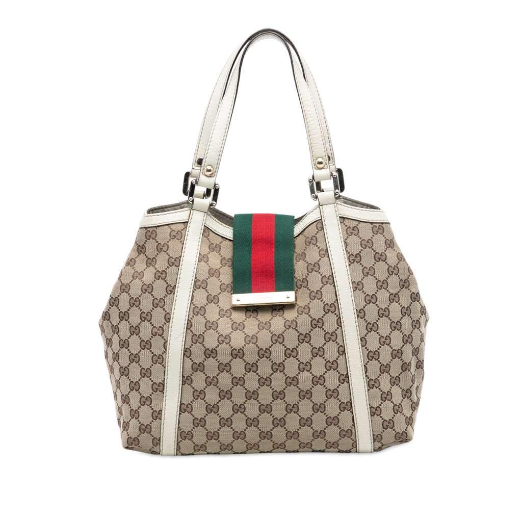 Gucci GG Canvas Web New Ladies Tote Brown Canvas Good - Front View